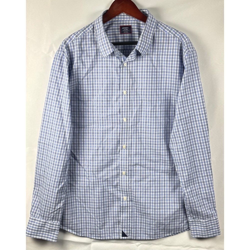 Untuckit Mens XXL Durif-WF Blue White Plaid Wrinkle Free Regular Fit Shirt 01096